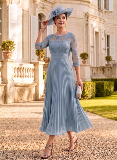 A-Line Illusion Neck Chiffon Mother Of The Bride Dresses With Lace/Pleated