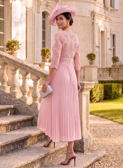 A-Line Illusion Neck Chiffon Mother Of The Bride Dresses With Lace/Pleated