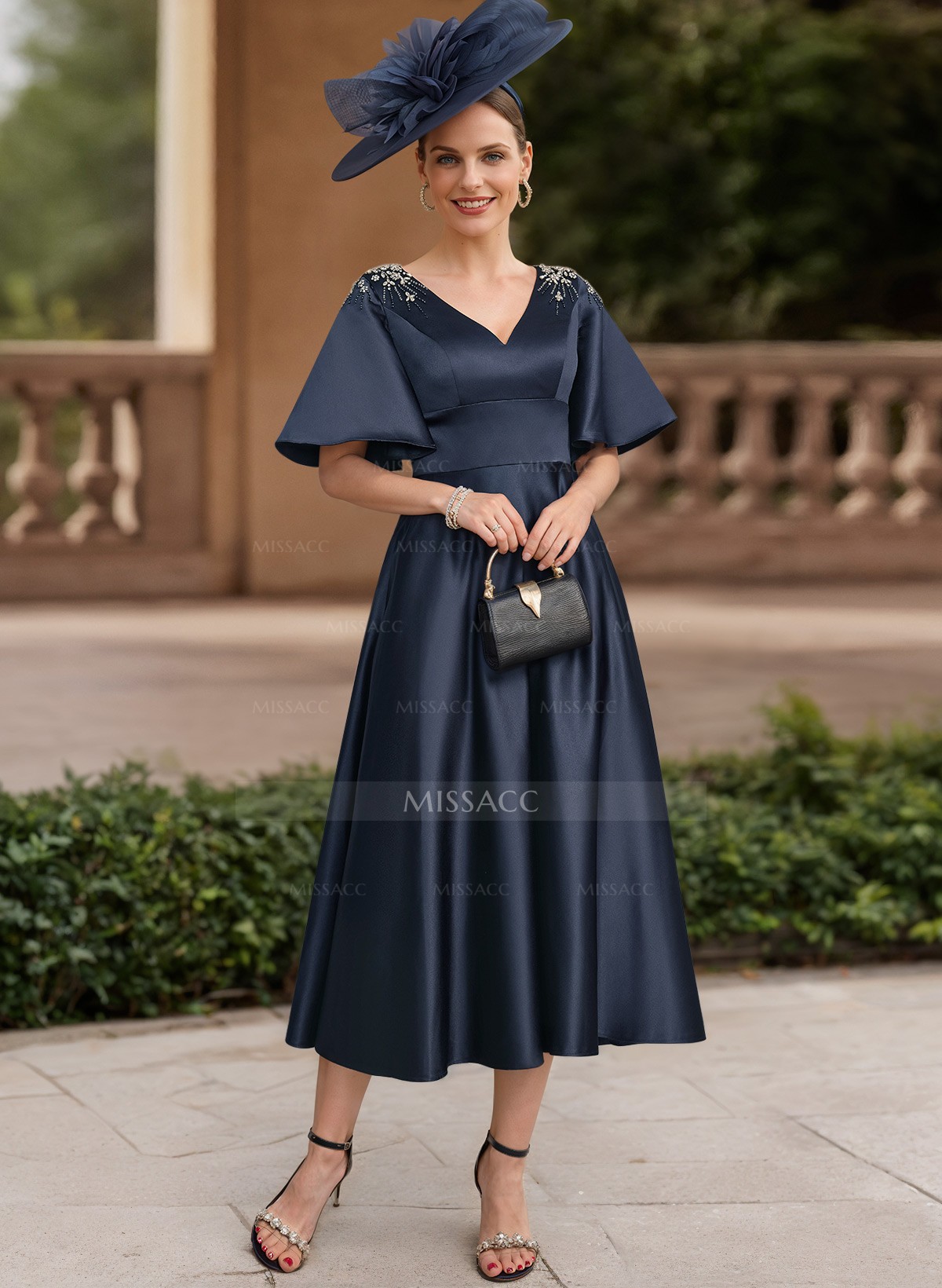 A-Line V-Neck Short Satin Mother Of The Bride Dresses With Rhinestone