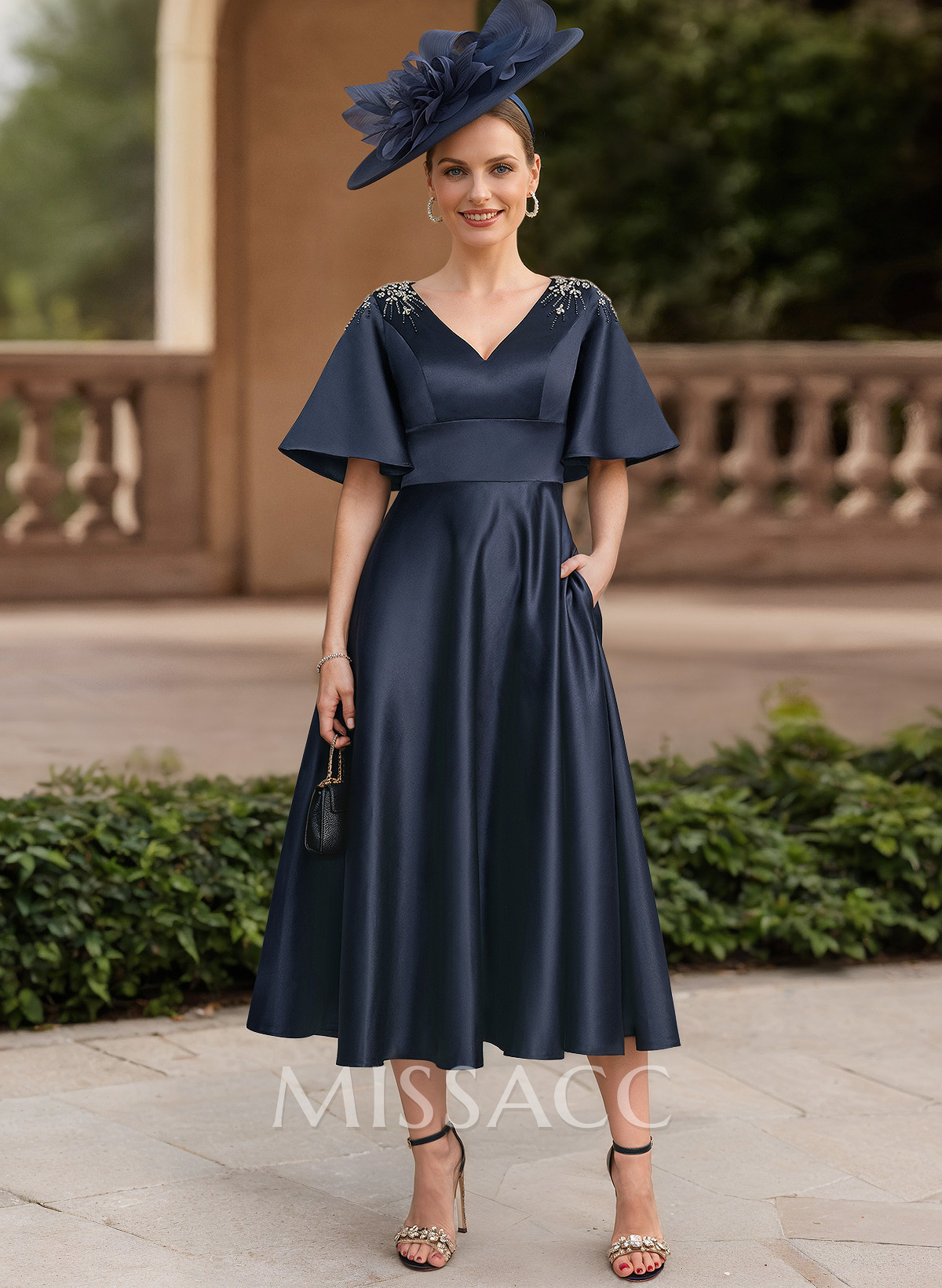 A-Line V-Neck Short Satin Mother Of The Bride Dresses With Rhinestone