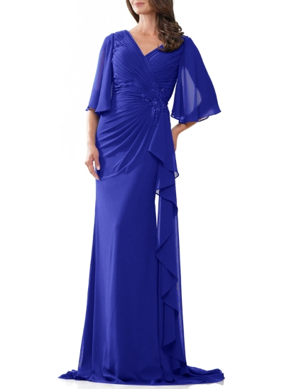 Sheath/Column V-Neck Chiffon Mother Of The Bride Dresses With Ruffle