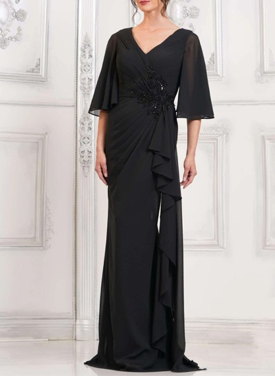 Sheath/Column V-Neck Chiffon Mother Of The Bride Dresses With Ruffle