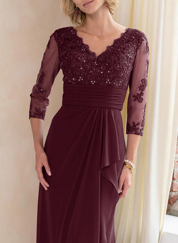 Sheath/Column V-Neck Chiffon Mother Of The Bride Dresses With Ruffle/Lace