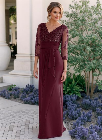 Sheath/Column V-Neck Chiffon Mother Of The Bride Dresses With Ruffle/Lace