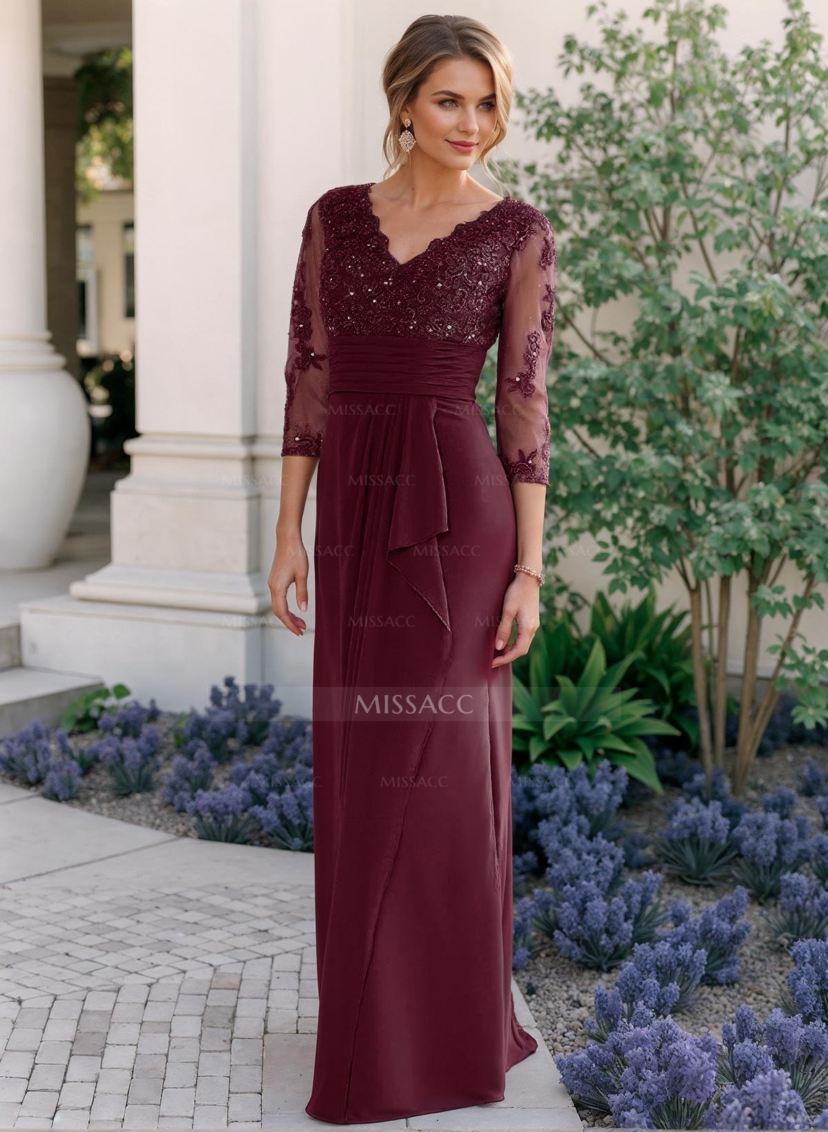 Sheath/Column V-Neck Chiffon Mother Of The Bride Dresses With Ruffle/Lace