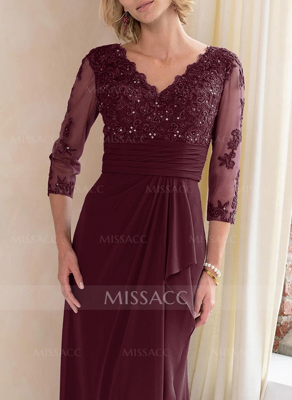 Sheath/Column V-Neck Chiffon Mother Of The Bride Dresses With Ruffle/Lace