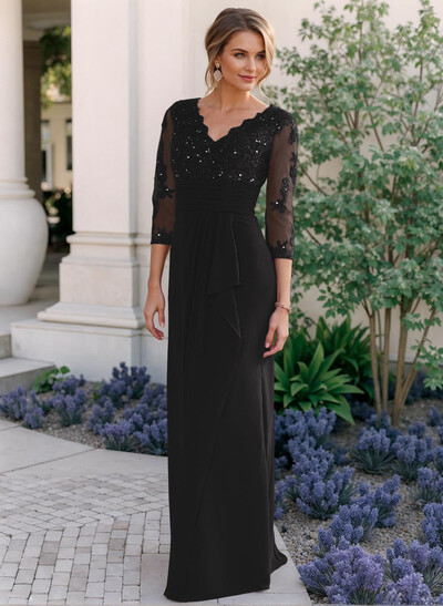Sheath/Column V-Neck Chiffon Mother Of The Bride Dresses With Ruffle/Lace