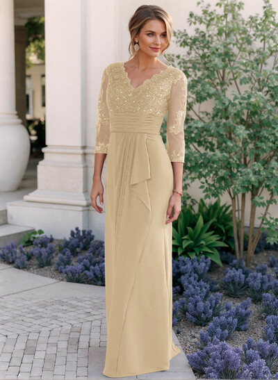 Sheath/Column V-Neck Chiffon Mother Of The Bride Dresses With Ruffle/Lace