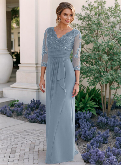 Sheath/Column V-Neck Chiffon Mother Of The Bride Dresses With Ruffle/Lace