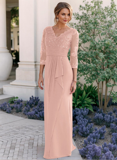 Sheath/Column V-Neck Chiffon Mother Of The Bride Dresses With Ruffle/Lace