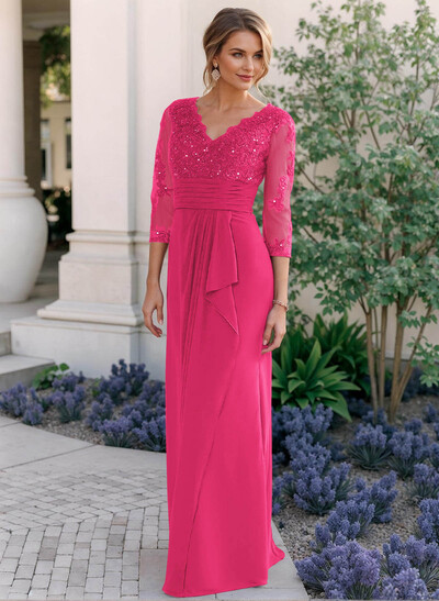 Sheath/Column V-Neck Chiffon Mother Of The Bride Dresses With Ruffle/Lace