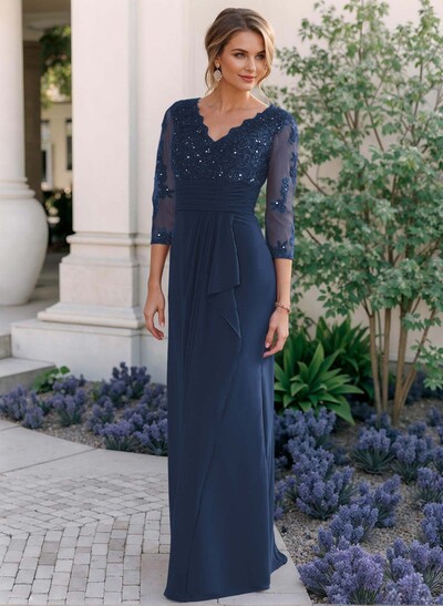 Sheath/Column V-Neck Chiffon Mother Of The Bride Dresses With Ruffle/Lace