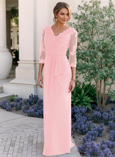 Sheath/Column V-Neck Chiffon Mother Of The Bride Dresses With Ruffle/Lace