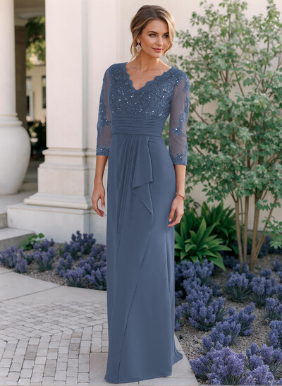 Sheath/Column V-Neck Chiffon Mother Of The Bride Dresses With Ruffle/Lace
