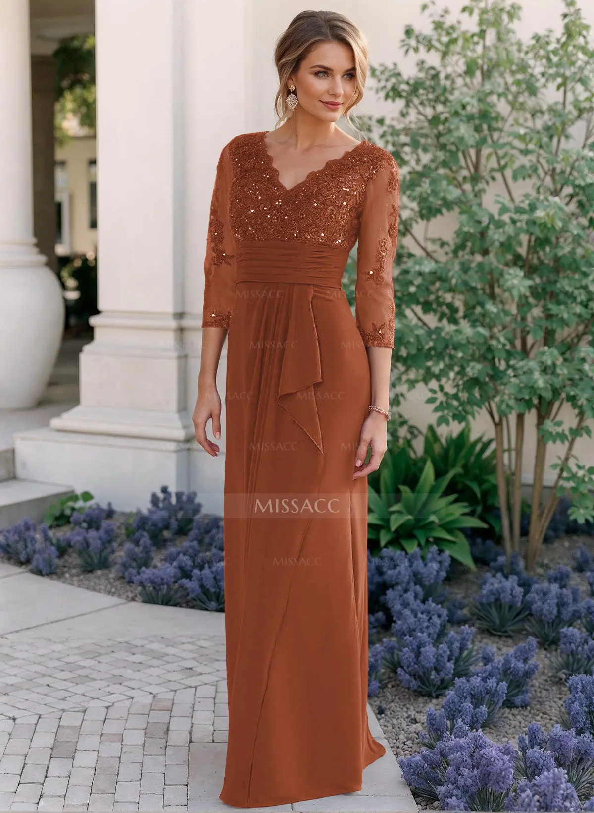 Sheath/Column V-Neck Chiffon Mother Of The Bride Dresses With Ruffle/Lace -  Missacc