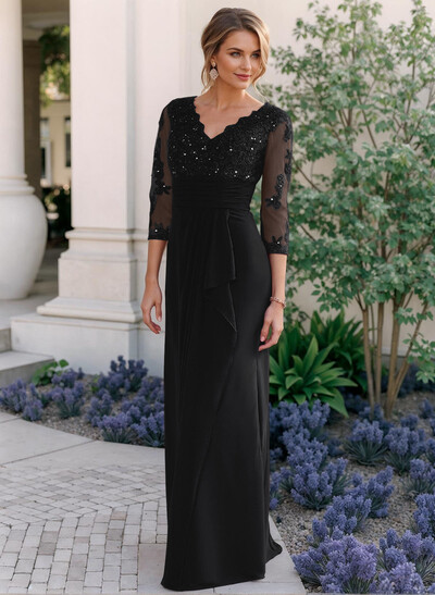 Sheath/Column V-Neck Chiffon Mother Of The Bride Dresses With Ruffle/Lace