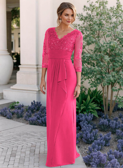 Sheath/Column V-Neck Chiffon Mother Of The Bride Dresses With Ruffle/Lace