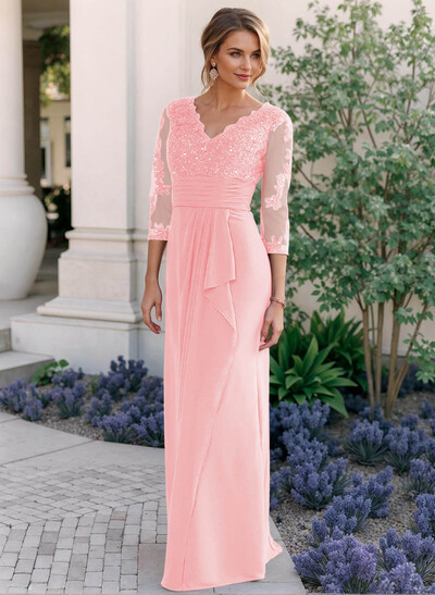 Sheath/Column V-Neck Chiffon Mother Of The Bride Dresses With Ruffle/Lace