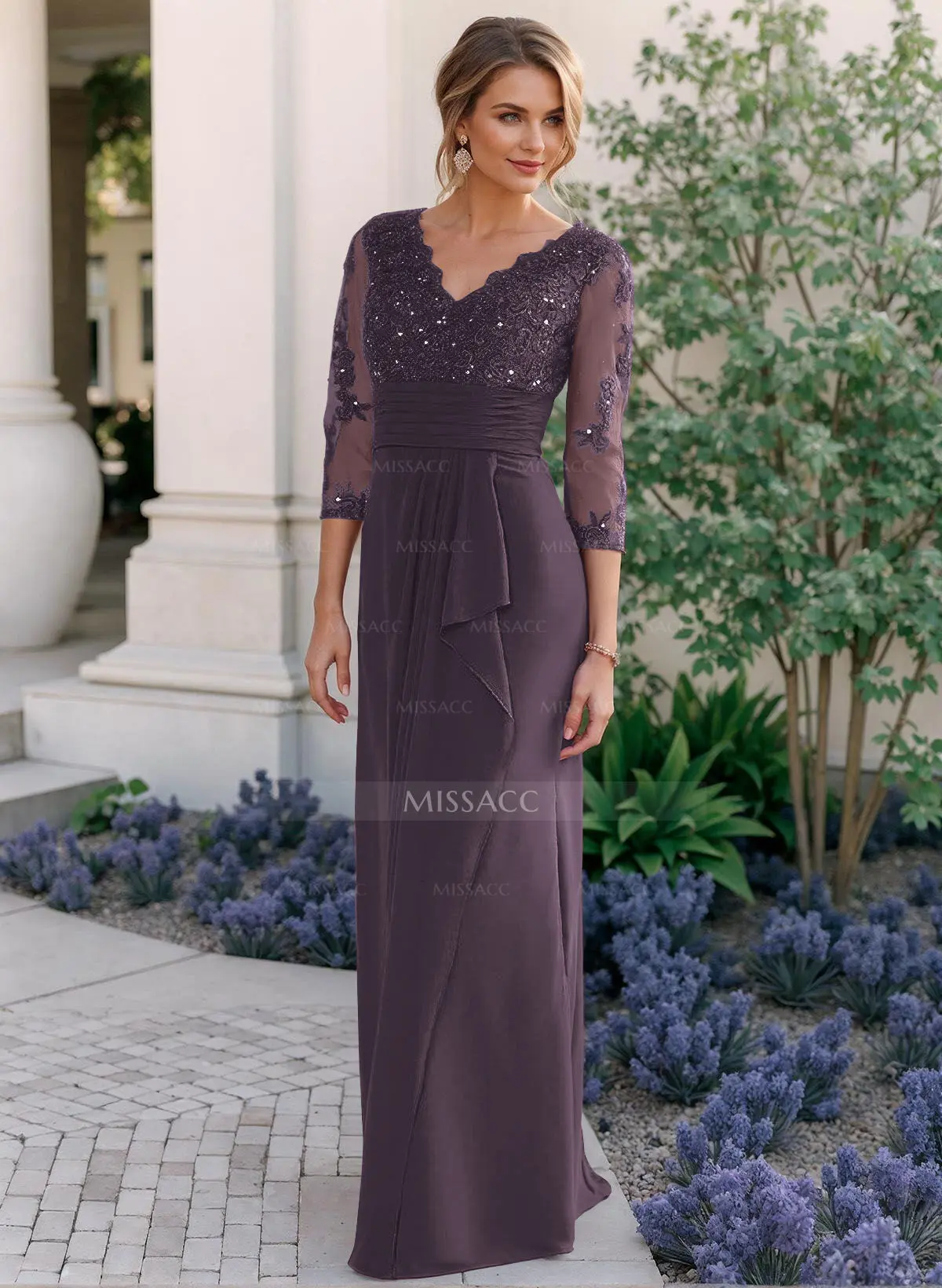 Sheath/Column V-Neck Chiffon Mother Of The Bride Dresses With Ruffle/Lace -  Missacc