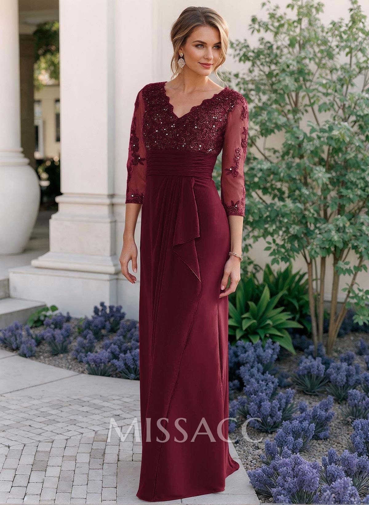 Sheath/Column V-Neck Chiffon Mother Of The Bride Dresses With Ruffle/Lace