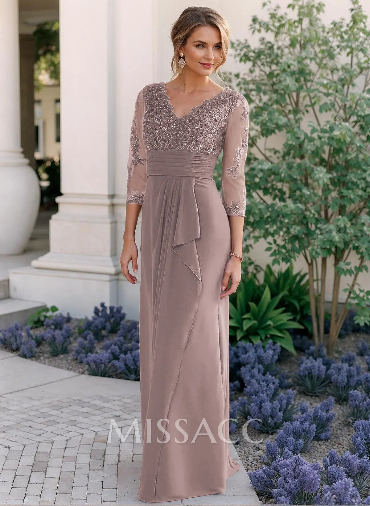 Sheath/Column V-Neck Chiffon Mother Of The Bride Dresses With Ruffle/Lace - Missacc Sheath/Column V-Neck Chiffon Mother Of The Bride Dresses With Ruffle/Lace - Missacc