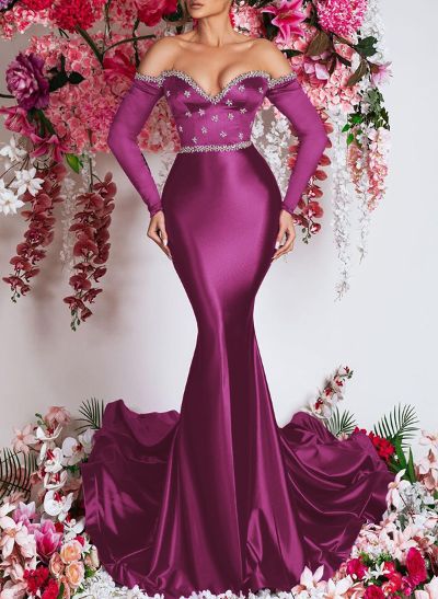 Trumpet/Mermaid Off-The-Shoulder Long Sleeves Silk Like Satin Prom Dresses
