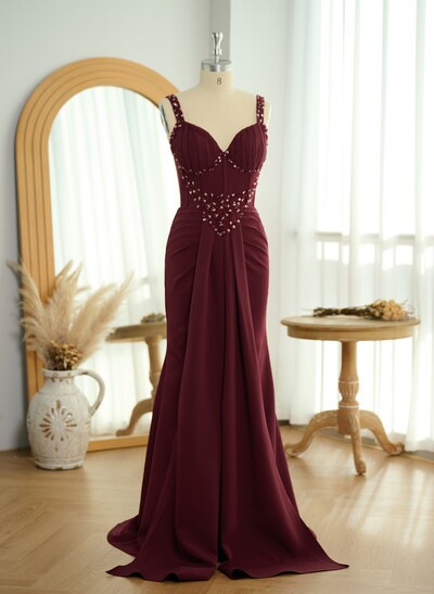 Sheath/Column V-Neck Sleeveless Elastic Satin Prom Dresses With High Split