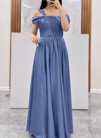 A-Line Asymmetrical Sleeveless Floor-Length Silk Like Satin Prom Dresses