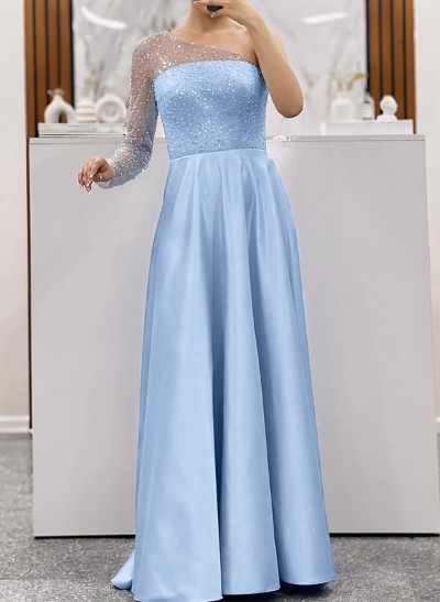 A-Line One-Shoulder Long Sleeves Satin Prom Dresses With Sequins