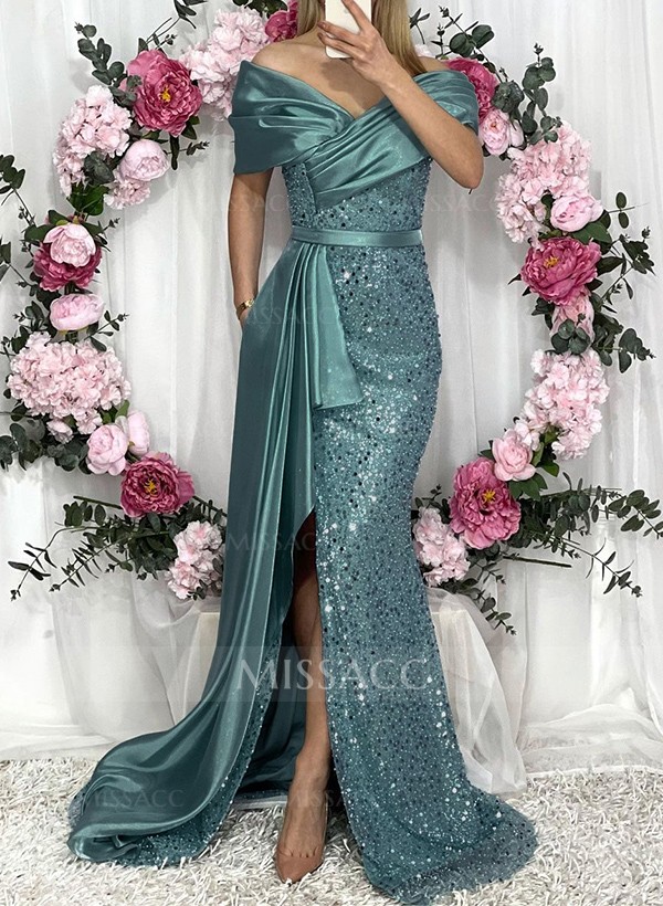 Sheath/Column Silk Like Satin/Sequined Prom Dresses With High Split