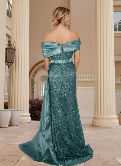 Sheath/Column Silk Like Satin/Sequined Prom Dresses With High Split