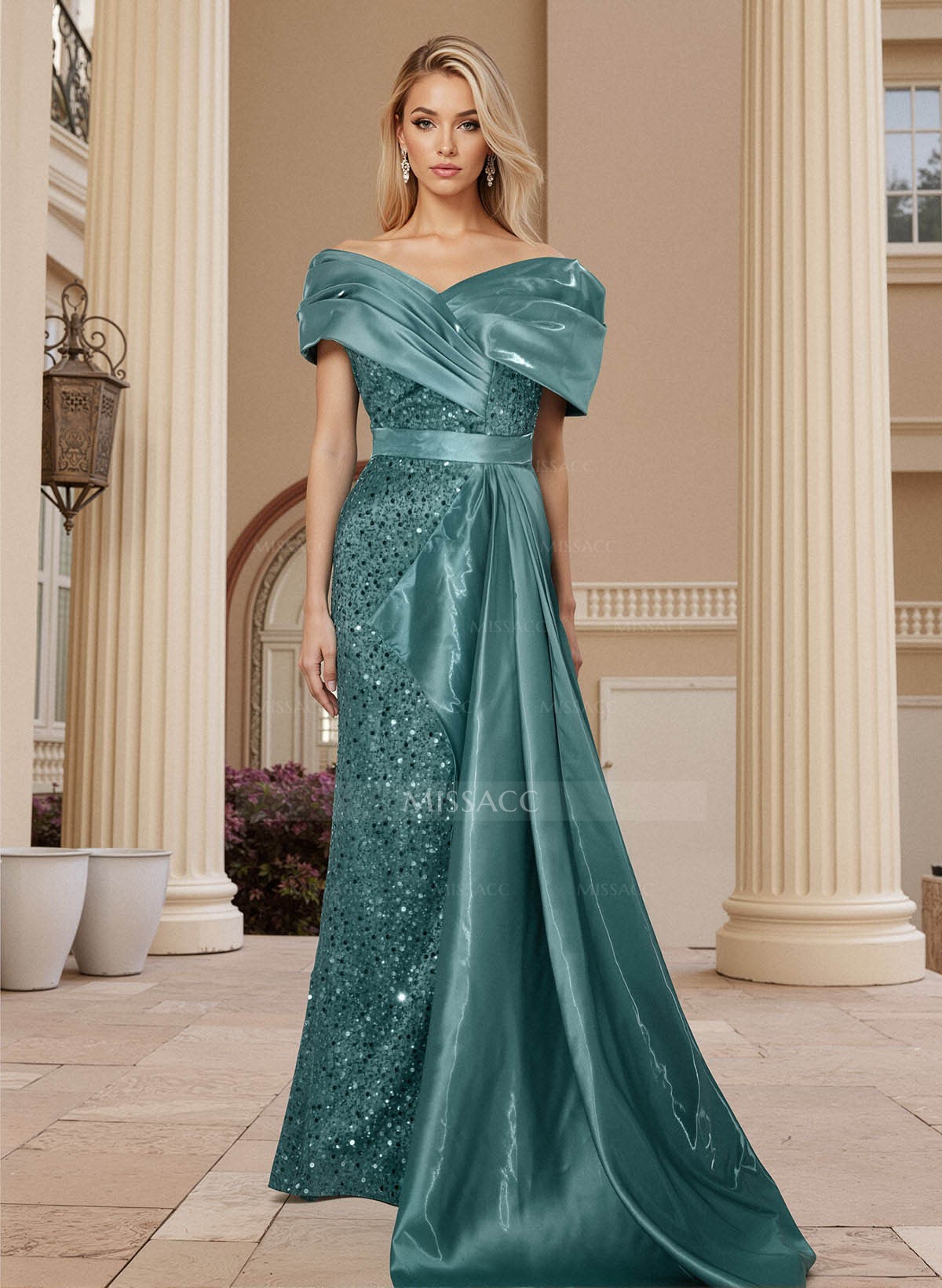 Sheath/Column Silk Like Satin/Sequined Prom Dresses With High Split