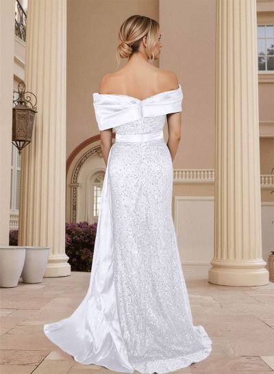 Sheath/Column Silk Like Satin/Sequined Prom Dresses With High Split