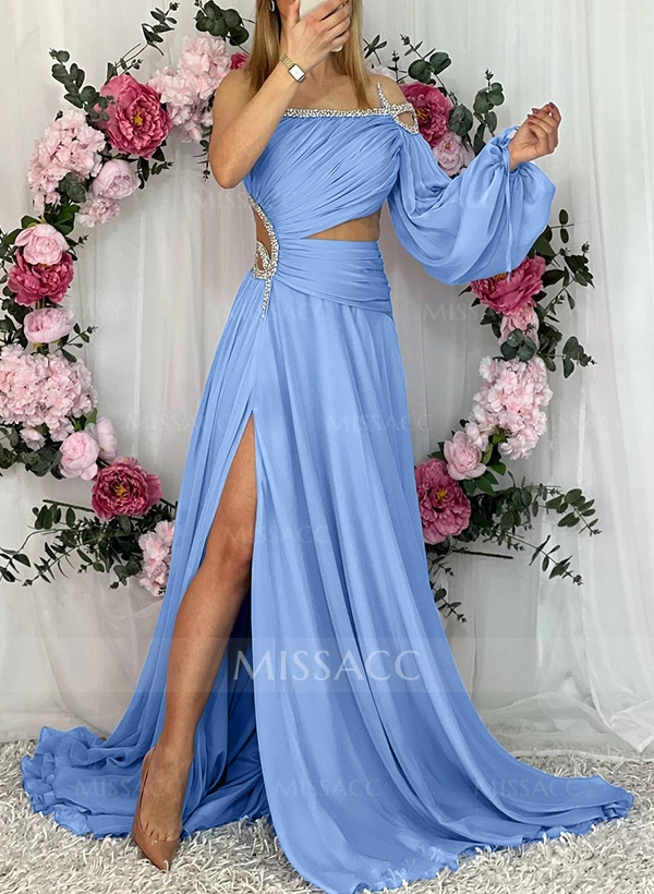 A-Line Strapless Long Sleeves Sweep Train Chiffon Prom Dresses With High Split