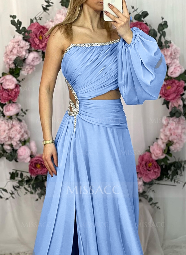 A-Line Strapless Long Sleeves Sweep Train Chiffon Prom Dresses With High Split