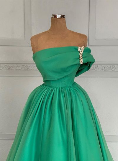A-Line Off-The-Shoulder Sleeveless Floor-Length Satin/Tulle Prom Dresses
