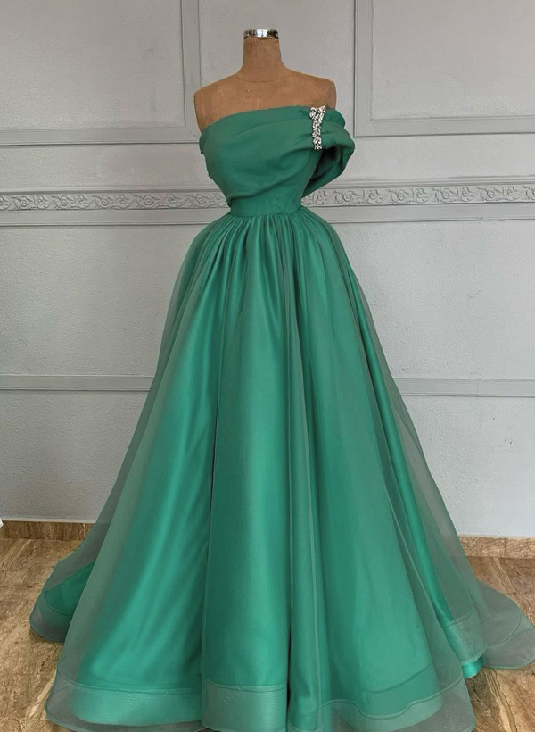 A-Line Off-The-Shoulder Sleeveless Floor-Length Satin/Tulle Prom Dresses