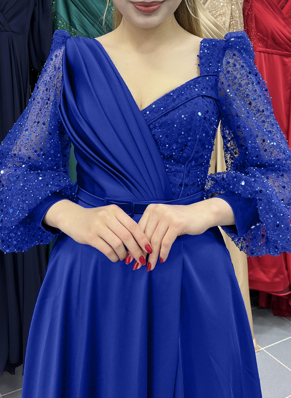 A-Line V-Neck Long Sleeves Silk Like Satin Prom Dresses With Sequins