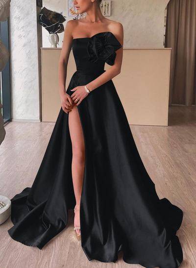 A-Line Strapless Sleeveless Satin Prom Dresses With Flower(s)/High Split