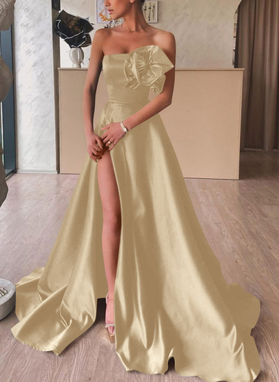 A-Line Strapless Sleeveless Satin Prom Dresses With Flower(s)/High Split