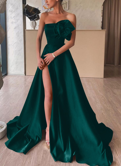 A-Line Strapless Sleeveless Satin Prom Dresses With Flower(s)/High Split