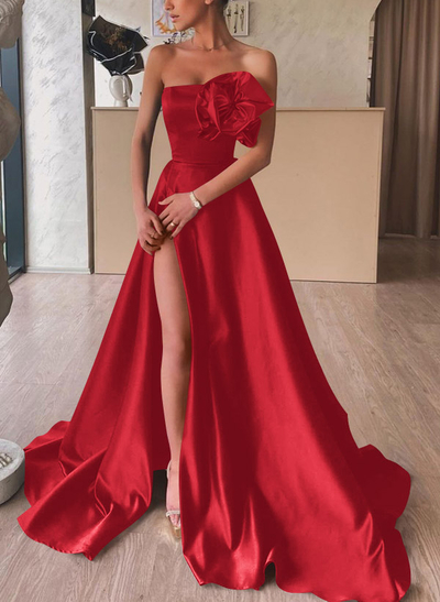 A-Line Strapless Sleeveless Satin Prom Dresses With Flower(s)/High Split