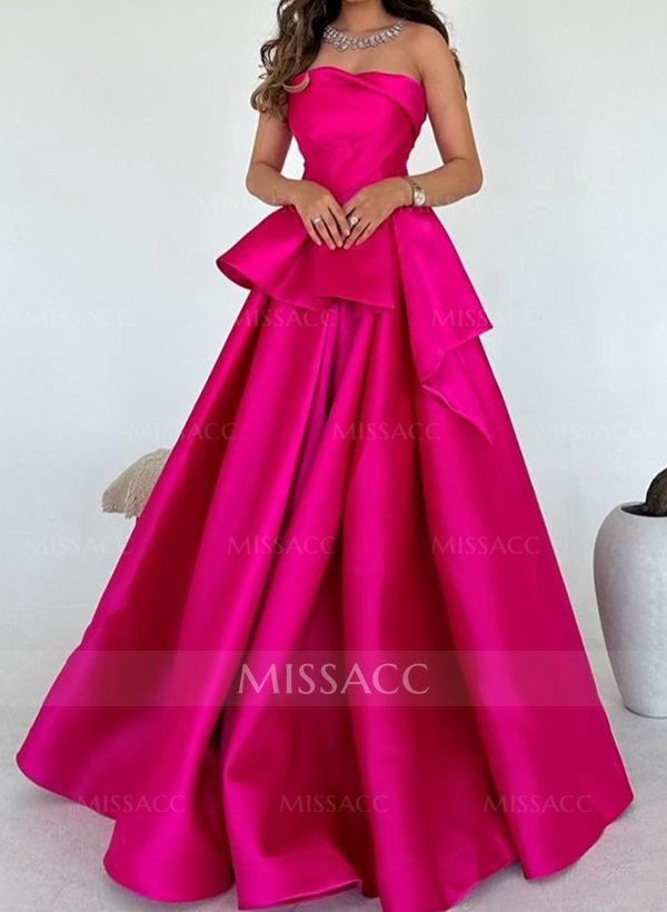 A-Line Strapless Sleeveless Floor-Length Satin Prom Dresses