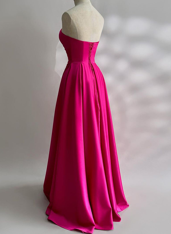 A-Line Sweetheart Sleeveless Floor-Length Satin Prom Dresses