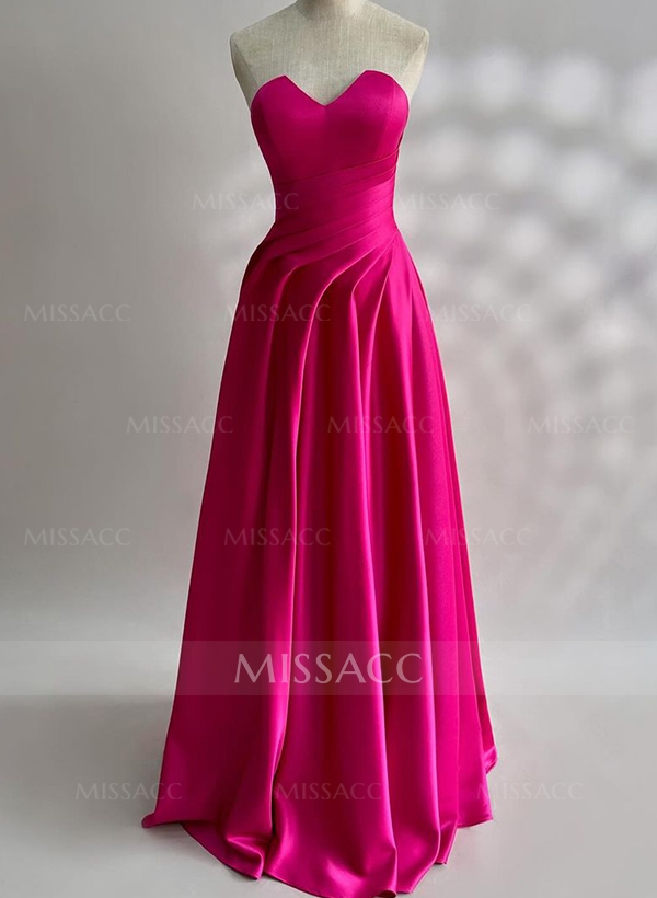 A-Line Sweetheart Sleeveless Floor-Length Satin Prom Dresses