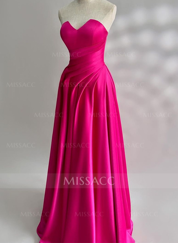 A-Line Sweetheart Sleeveless Floor-Length Satin Prom Dresses