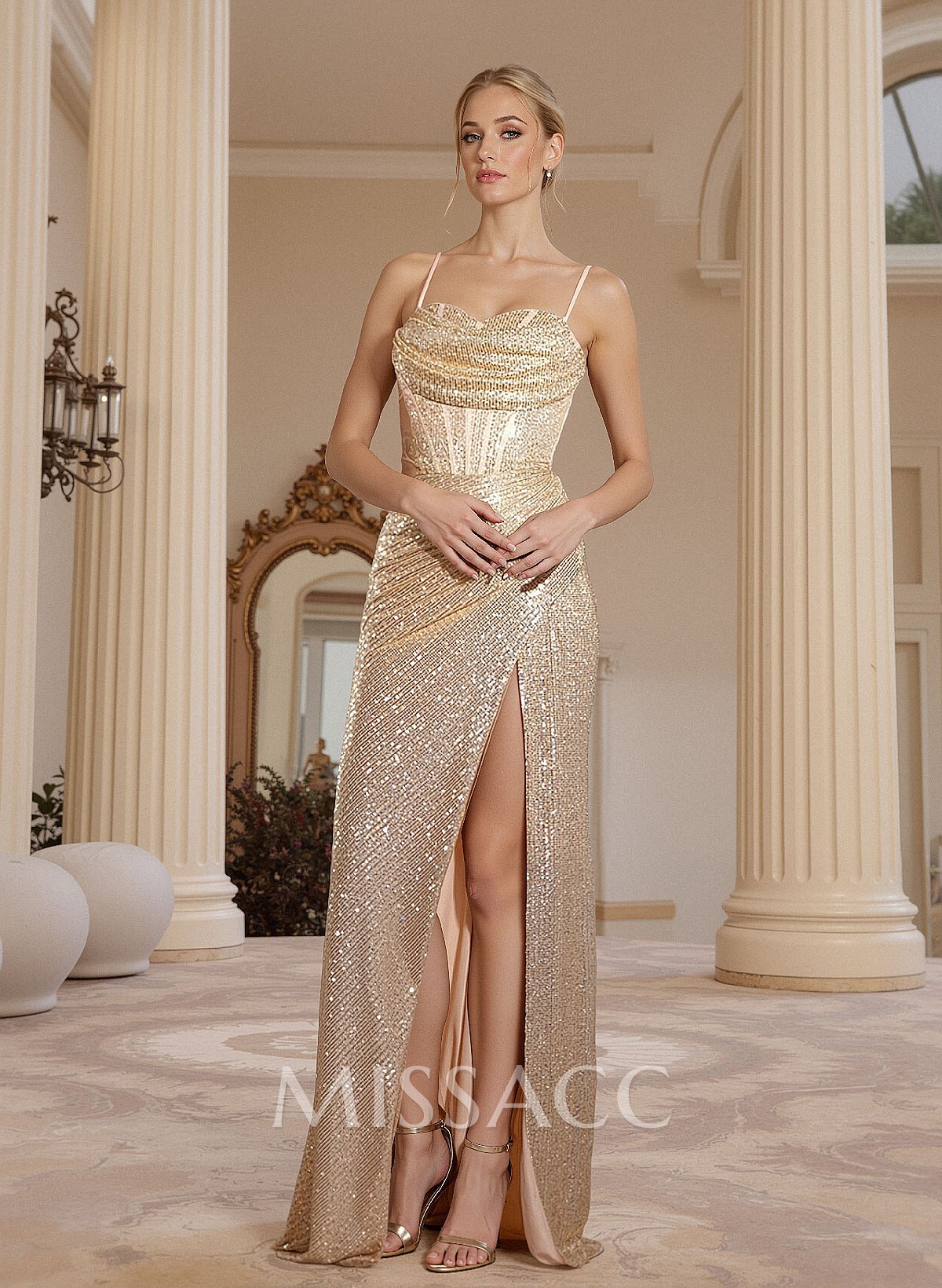 Sheath/Column Sweetheart Sleeveless Sequined Prom Dresses With High Split