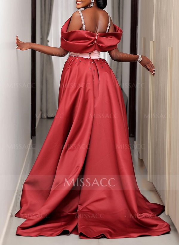 Sheath/Column V-Neck Sleeveless Satin Prom Dresses With Beading