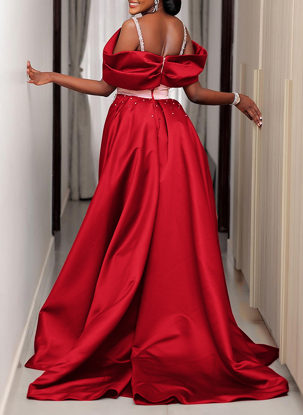 Sheath/Column V-Neck Sleeveless Satin Prom Dresses With Beading