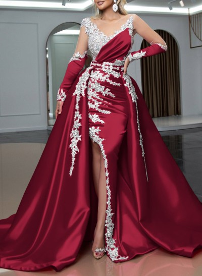 Trumpet/Mermaid Illusion Neck Detachable Satin Prom Dresses With High Split